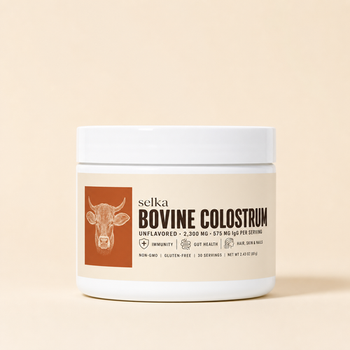 Front view of Selka unflavored bovine colostrum jar