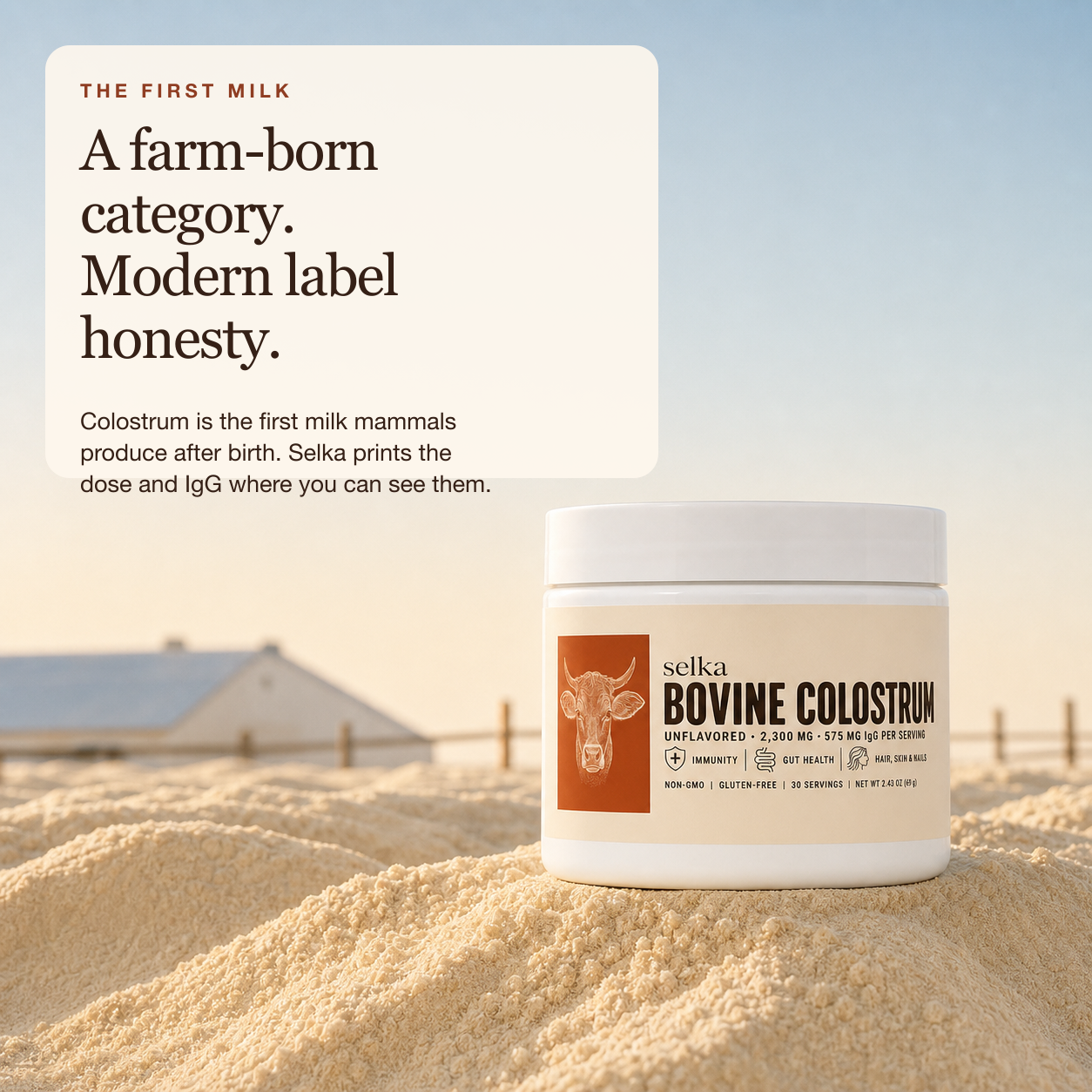 Selka bovine colostrum beside a Scandinavian dairy-farm landscape