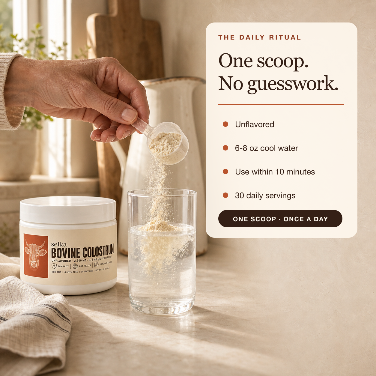 One scoop of Selka bovine colostrum being added to cool water
