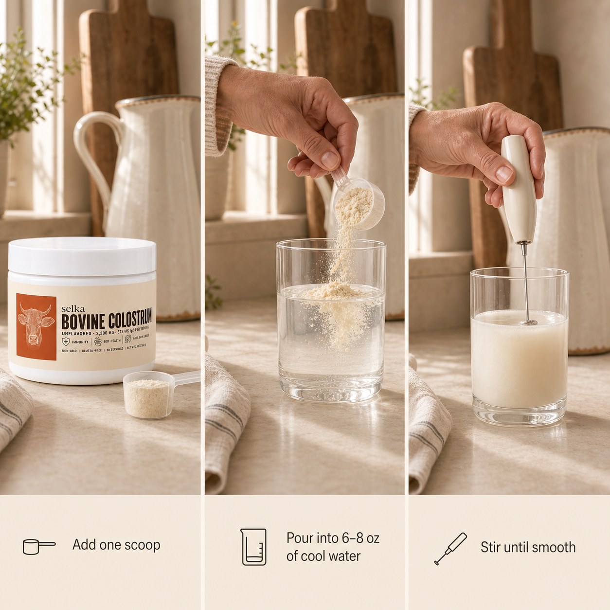 Three steps to use Selka: scoop, add to cool water, and stir
