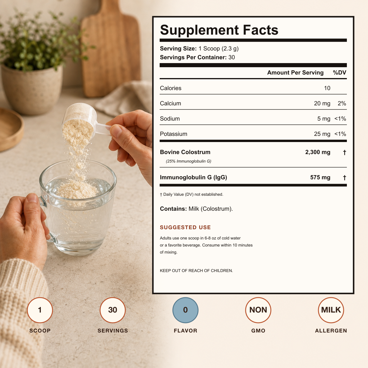 Selka Supplement Facts beside one scoop being mixed into cool water