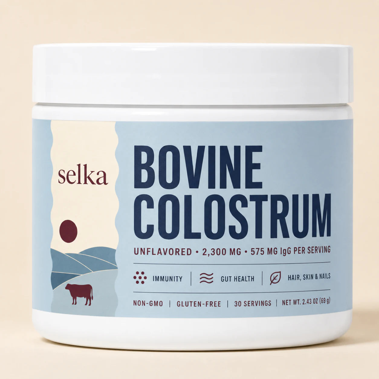 Front view of Selka unflavored bovine colostrum jar